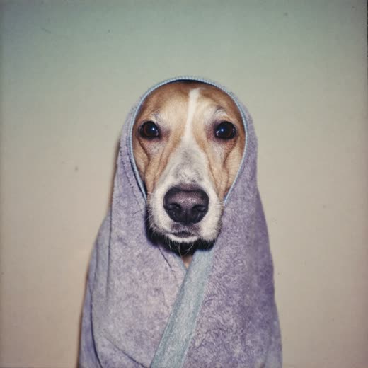 A freshly bathed dog wrapped in a towel